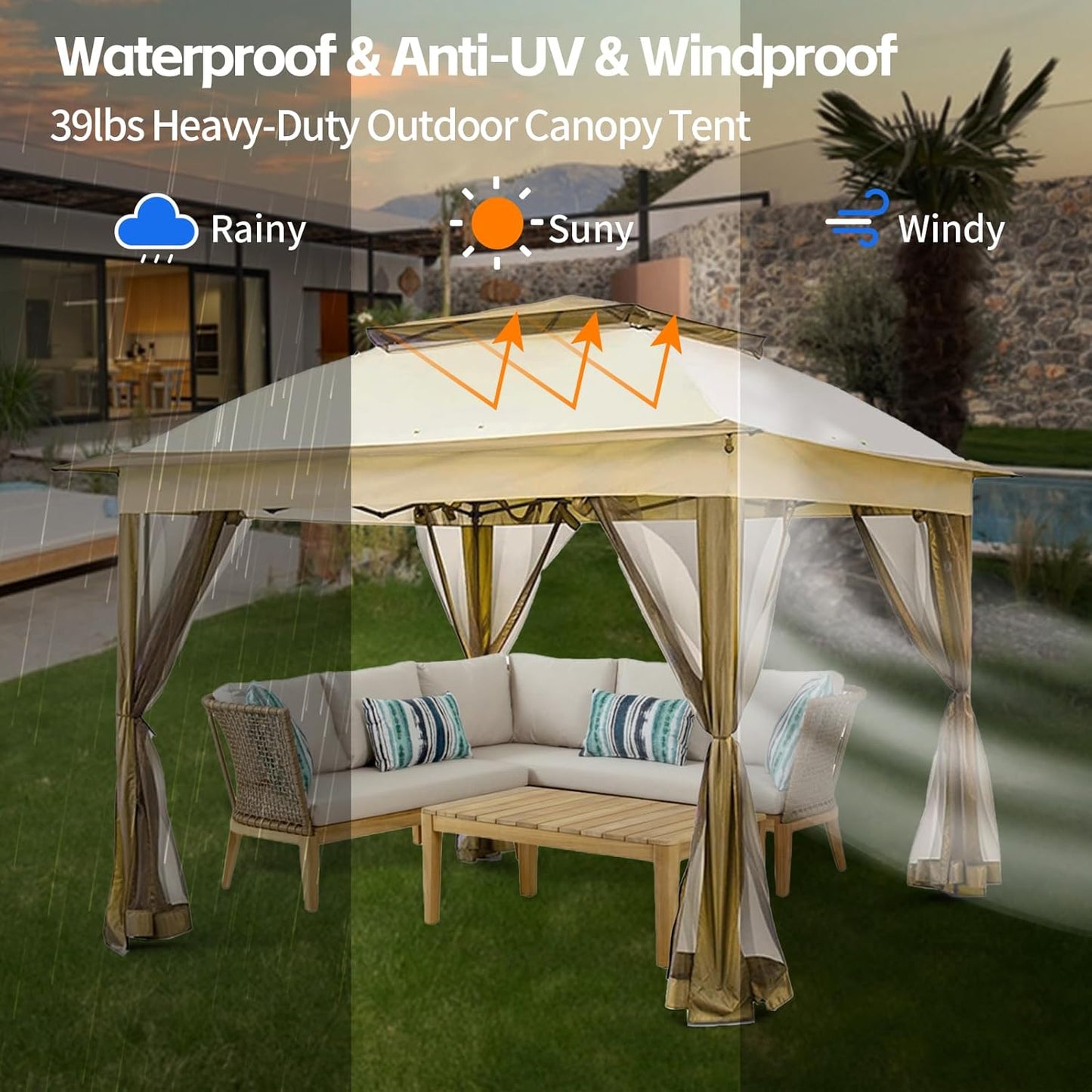 Portable Shelter for Outdoors 10’ x 10’ Pop Up Gazebo Canopy Tent, Outdoor Gazebo Canopy Shelter with Netting, Metal Frame Patio Gazebo Tent with Double Roof for Garden, Lawn, Backyard, Party, Khaki