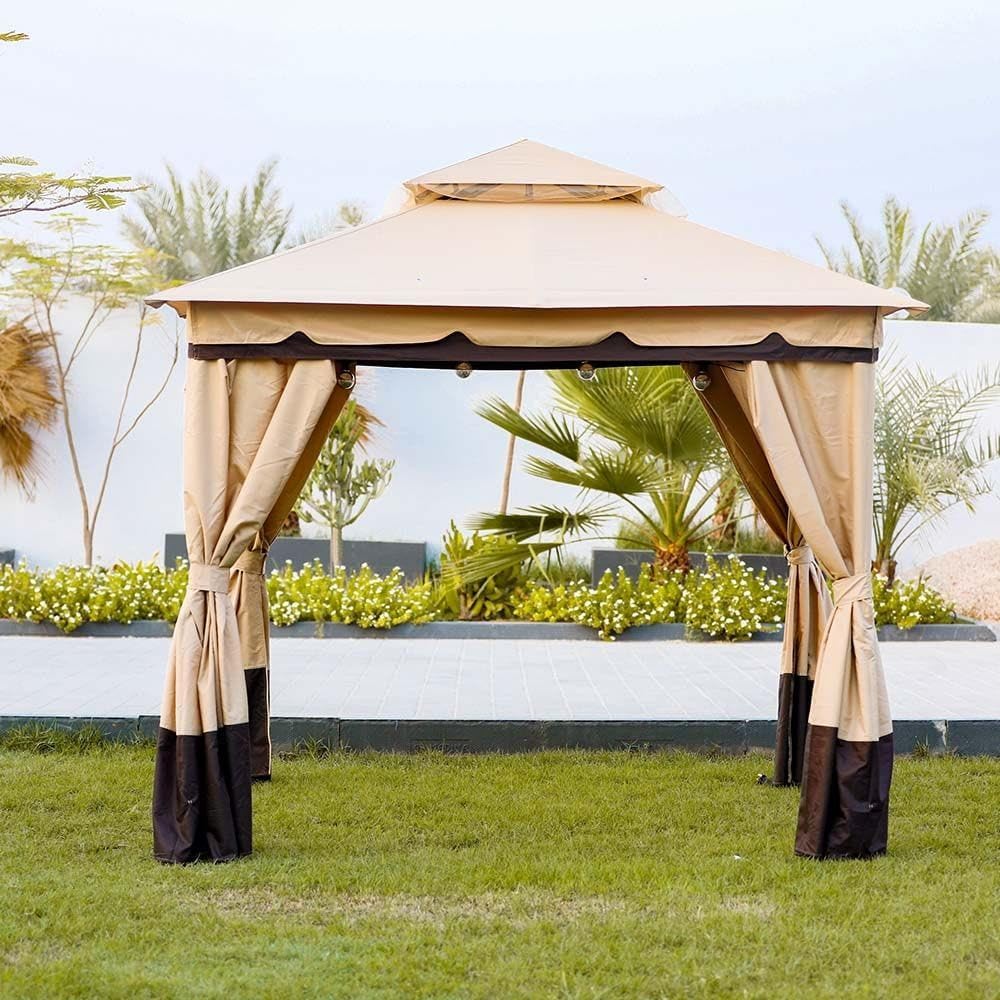MOST WANTED Delight Gazebo Tent Steel Frame With Polyester Roof  Square Shape Tent With Curtain  Water And Uv Resistant Garden Patio Canopy Modern Outdoor Furniture 2.7X2.7M - Beige