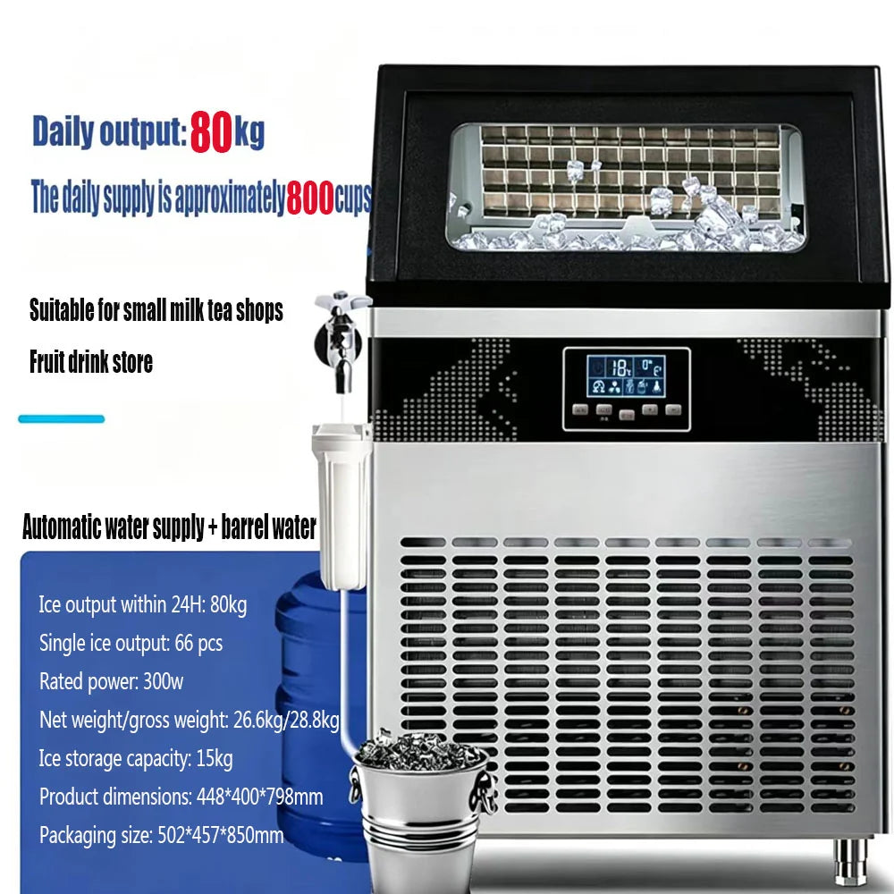 Commercial Ice Maker Machine 80KG/24H – 66 Cubes Per Cycle, 15KG Storage, LCD Display, Self-Cleaning & Automatic Water Supply