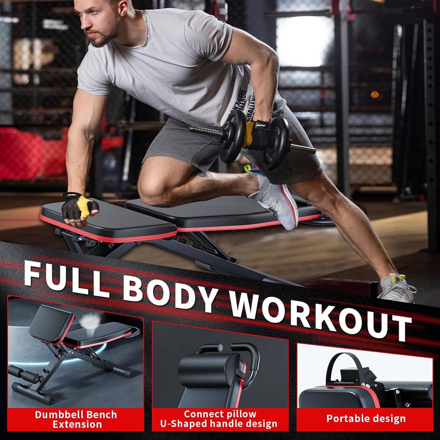 Adjustable Weight Bench,Multifunctional Fitness Bench Foldable Workout Bench for Full Body Exercise,Bench Press Bar Load-bearing 1100lbs,With Drawstring