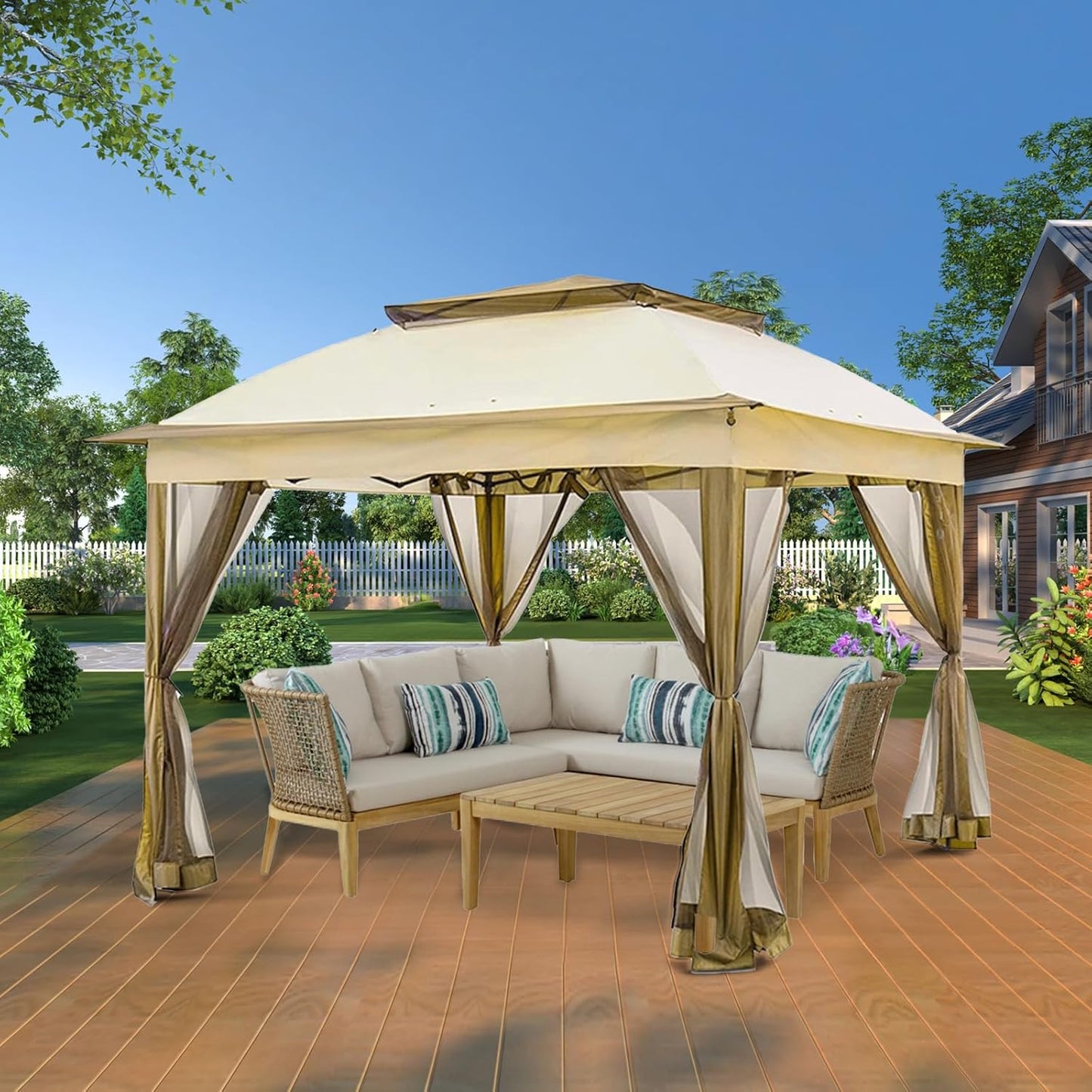 Portable Shelter for Outdoors 10’ x 10’ Pop Up Gazebo Canopy Tent, Outdoor Gazebo Canopy Shelter with Netting, Metal Frame Patio Gazebo Tent with Double Roof for Garden, Lawn, Backyard, Party, Khaki