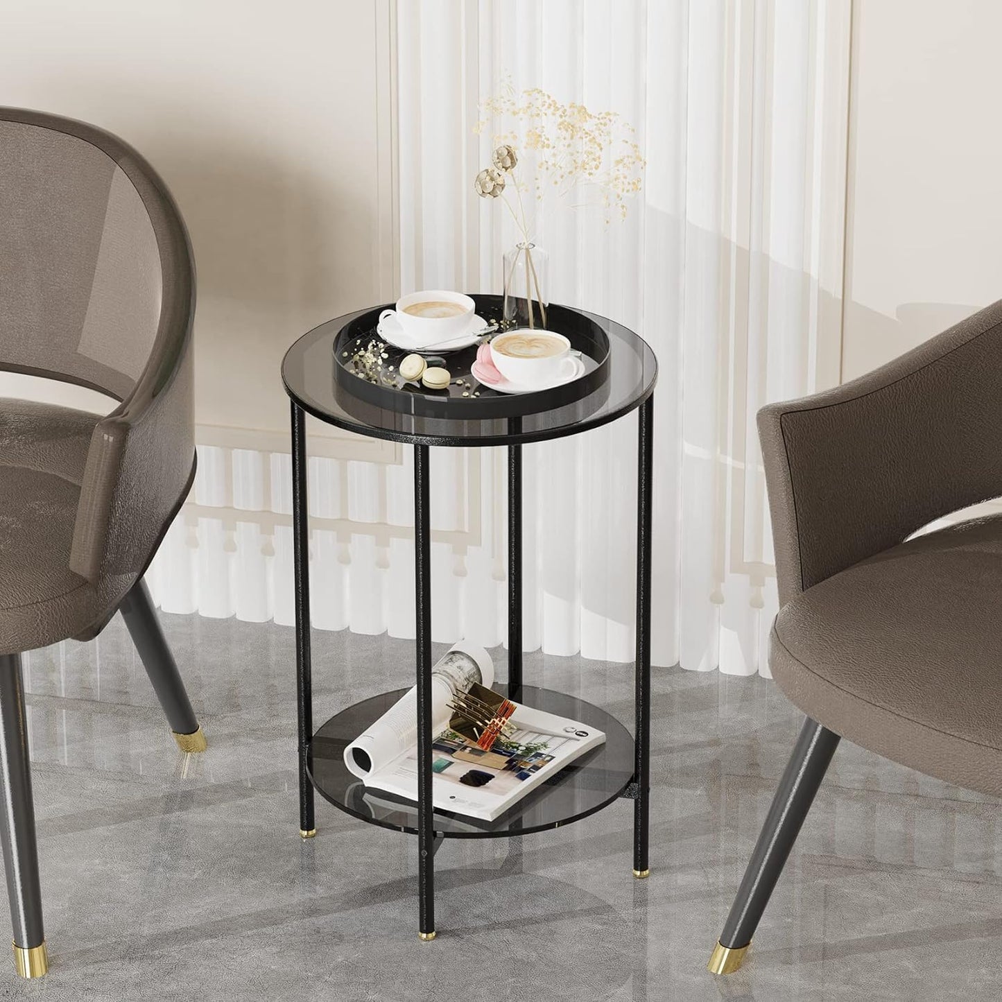 Tempered Glass Table: 2-Tier Round Side Table Gray Bedside Table Modern Storage Side Table Minimalist Glass Top End Table with Matt Black Frame Circle Bedside Sofa Side Table Living Room