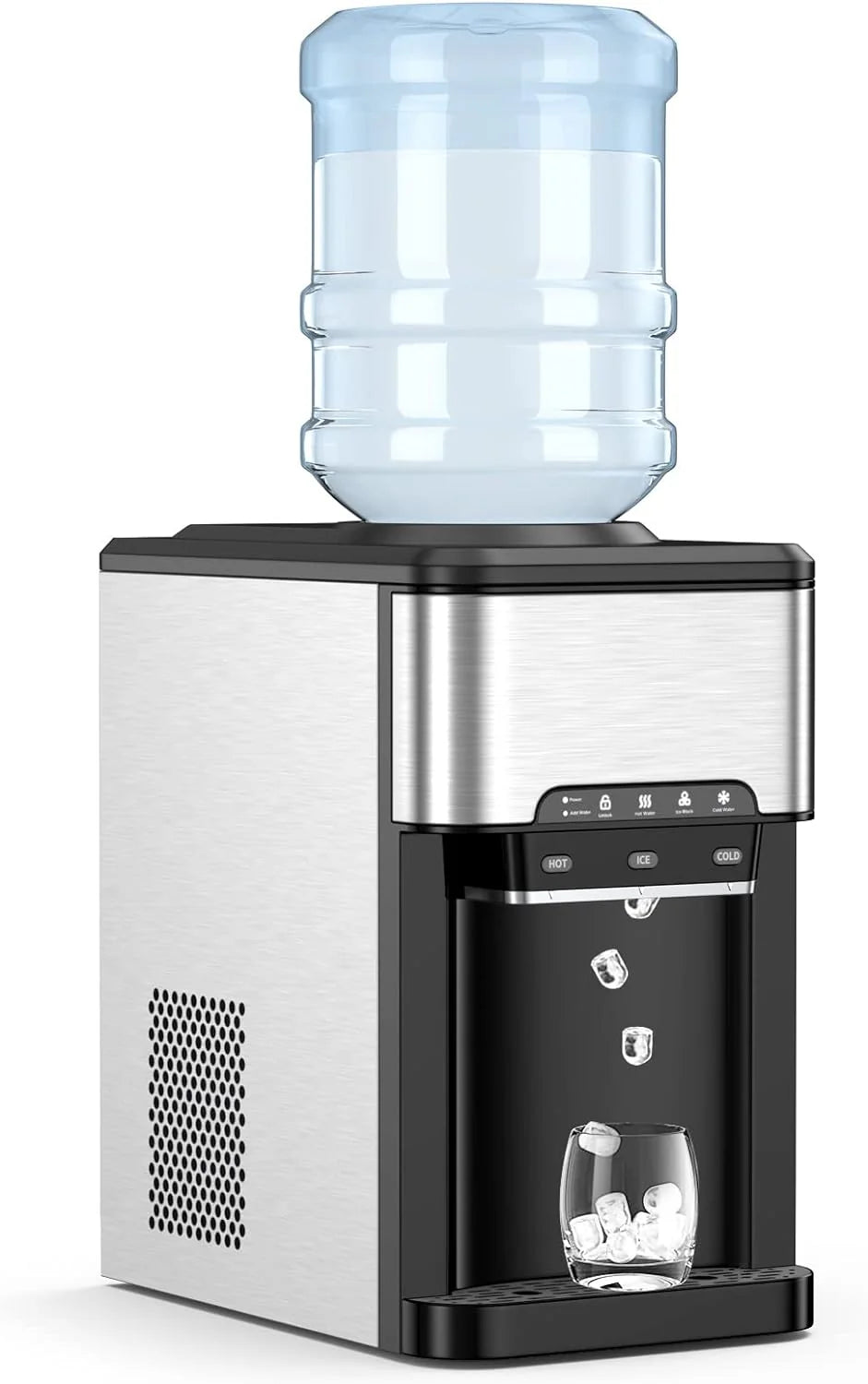 COOLBABY 3-in-1 Countertop Water Dispenser with Ice Maker – Hot & Cold Water, 12 Ice Cubes per Cycle, 3–5 Gallon Top Loading, Stainless Steel HK-25YLR
