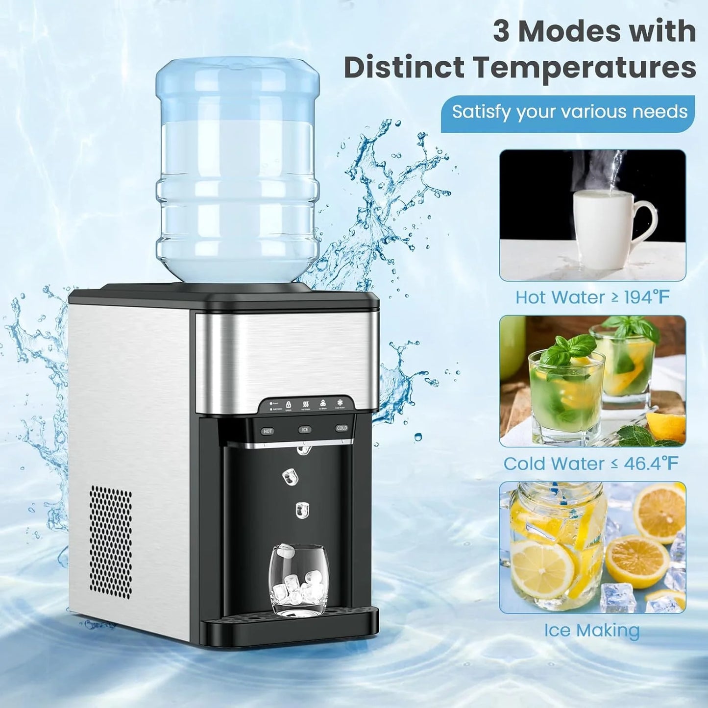 COOLBABY 3-in-1 Countertop Water Dispenser with Ice Maker – Hot & Cold Water, 12 Ice Cubes per Cycle, 3–5 Gallon Top Loading, Stainless Steel HK-25YLR