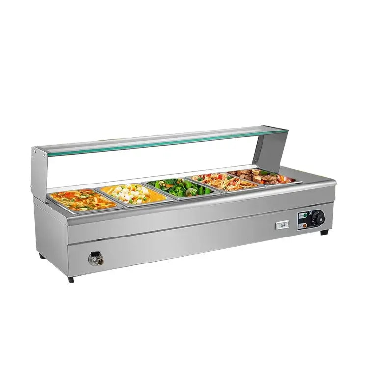 HBM-25 Electric Bain Marie with Glass Counter | 5 × 1/2 GN | 1.8KW Stainless Steel Buffet Food Warmer