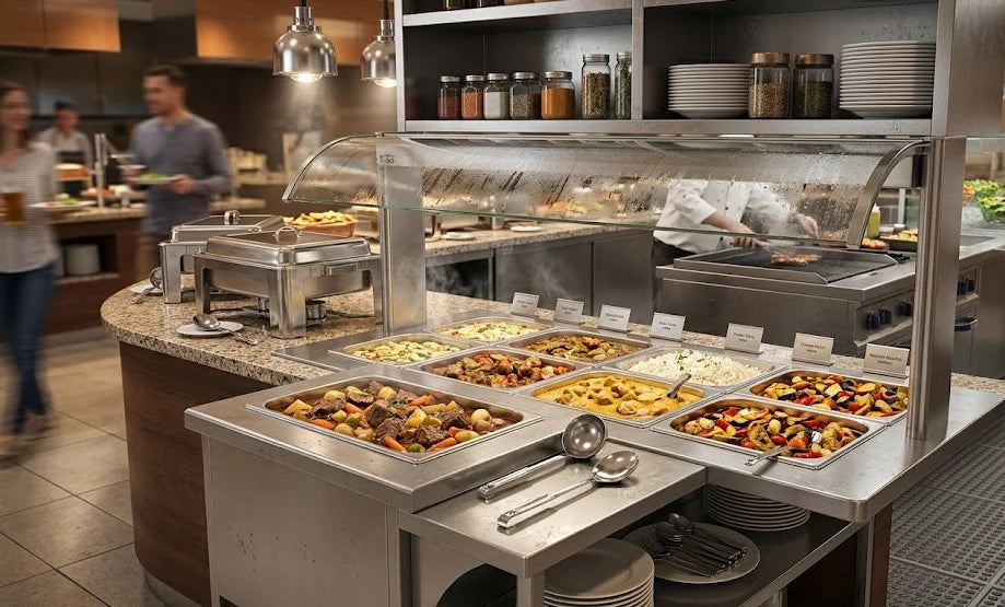 Commercial Bain Marie 4 × 1/1 GN with Open Cabinet & Sneeze Guard | 1.5KW Stainless Steel Food Warmer | Made in UAE