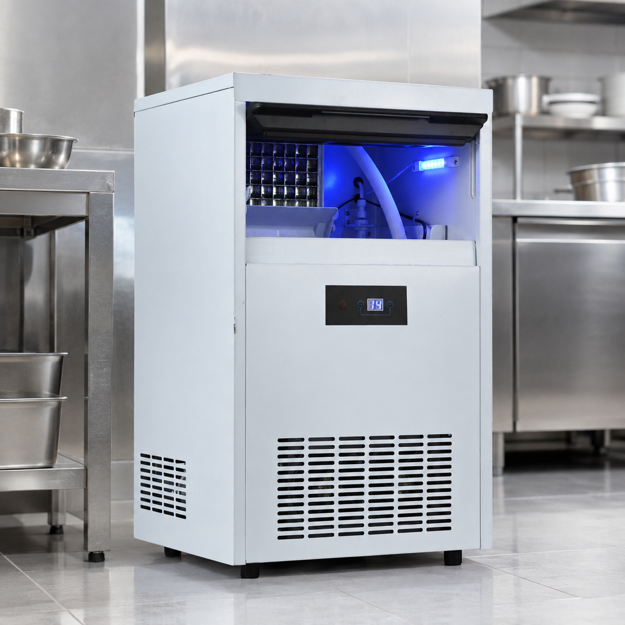 Integrated Ice Maker Machine, 70-80KGS/24H Stainless Steel Under Counter ice Machine with 12KGS Ice Storage Capacity, Freestanding Ice Maker