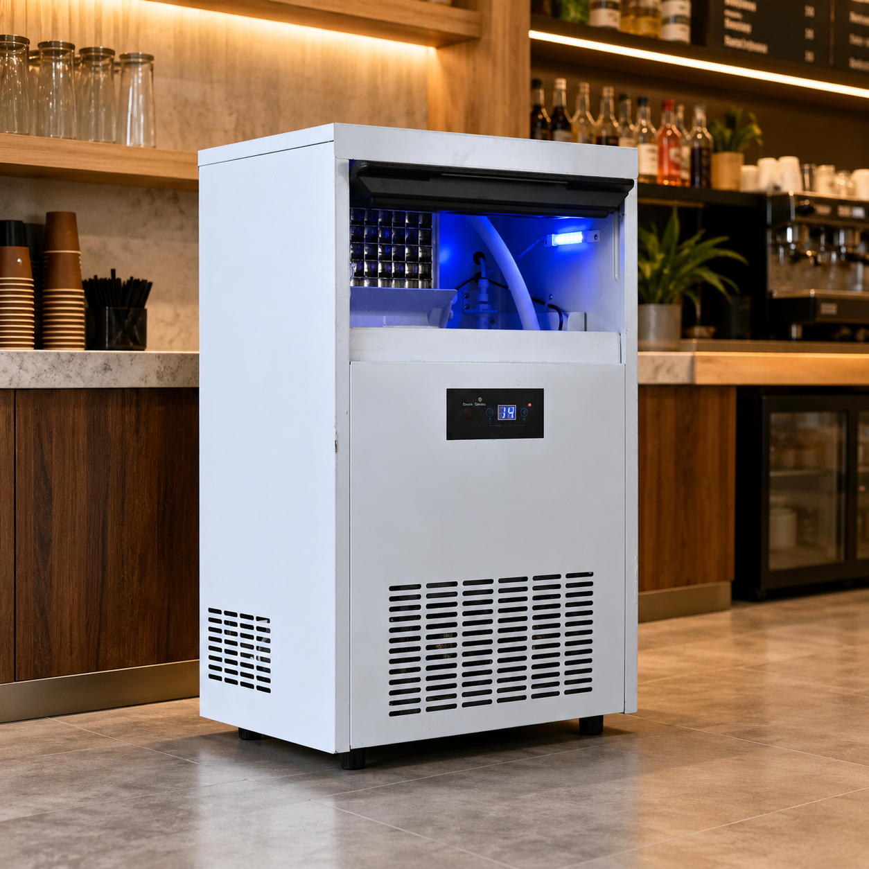 Integrated Ice Maker Machine, 70-80KGS/24H Stainless Steel Under Counter ice Machine with 12KGS Ice Storage Capacity, Freestanding Ice Maker