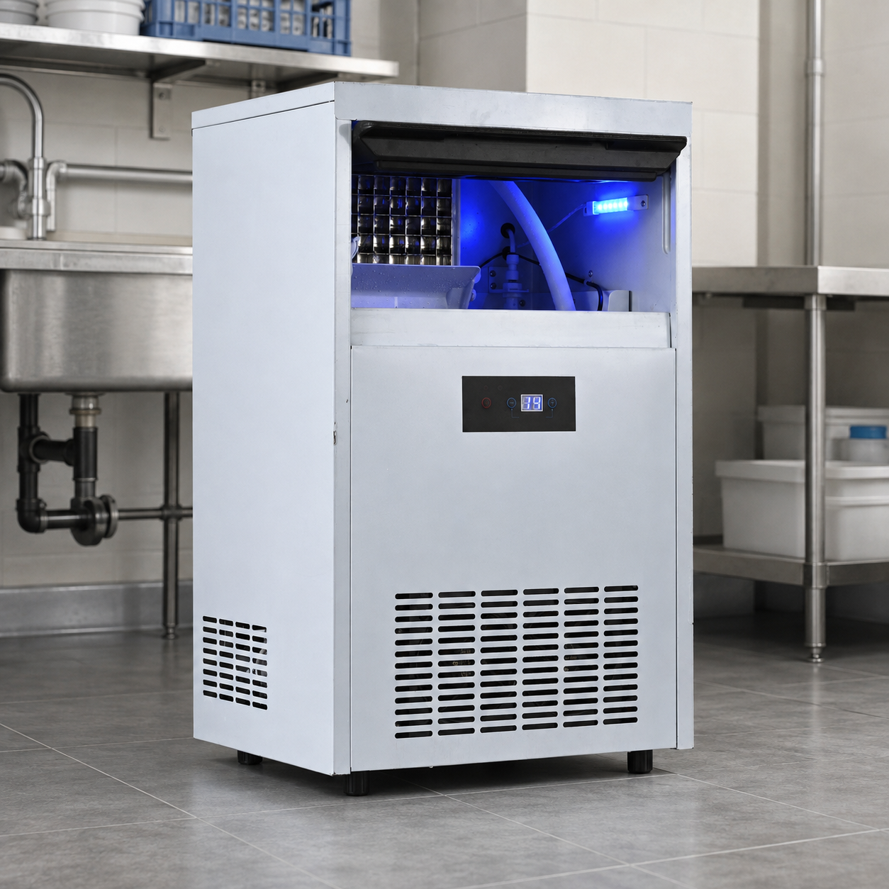 Integrated Ice Maker Machine, 70-80KGS/24H Stainless Steel Under Counter ice Machine with 12KGS Ice Storage Capacity, Freestanding Ice Maker