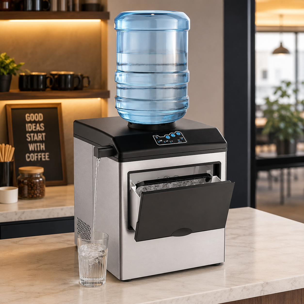 2-in-1 Stainless Steel Ice Maker & Cold Water Dispenser – 48 lbs/Day, 3 Ice Sizes, Self-Cleaning