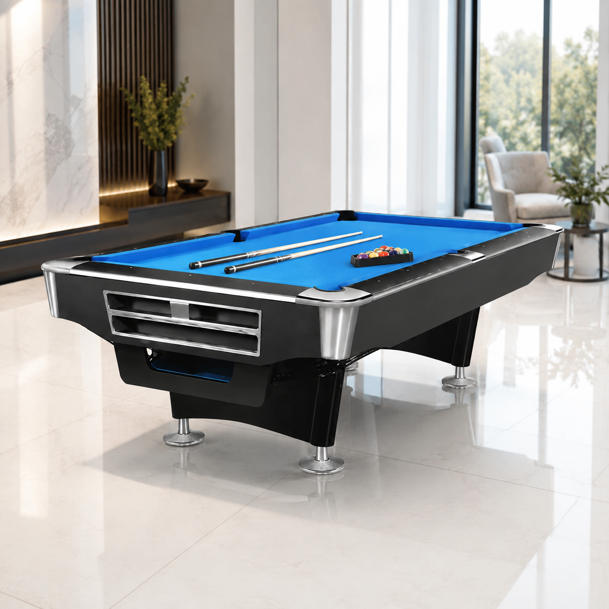 9ft,8ft Professional Modern Billiard Pool Table with Premium Blue Felt Style Billiard Pool Table – Modern Edition