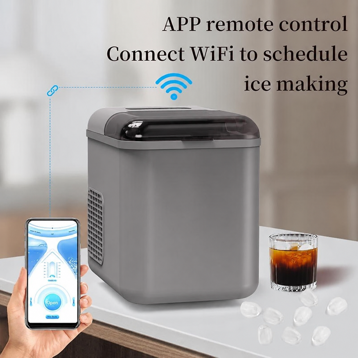 COOL BABY Smart App-Controlled Countertop Ice Maker – 1.3L Self-Cleaning Bullet Ice Machine, Grey | CKGO-i5