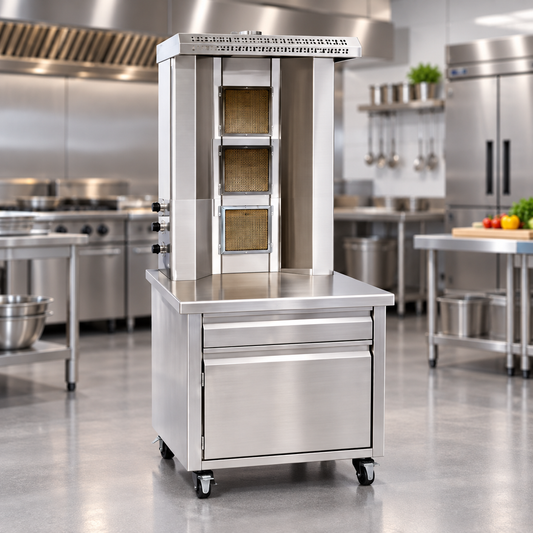 3 Burner Gas Shawarma Machine with Under Cabinet & 4 Wheels | AISI 304 Stainless Steel Doner Grill | 50–300°C | Made in UAE