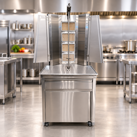 4 Burner Gas Shawarma Machine with Cabinet & Wheels | AISI 304 Stainless Steel Doner Grill | French Burners | Made in UAE