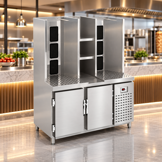 Commercial Double Gas Shawarma Machine with Under Chiller | 2 Stations, 8 Burners | AISI 304 Stainless Steel | Made in UAE