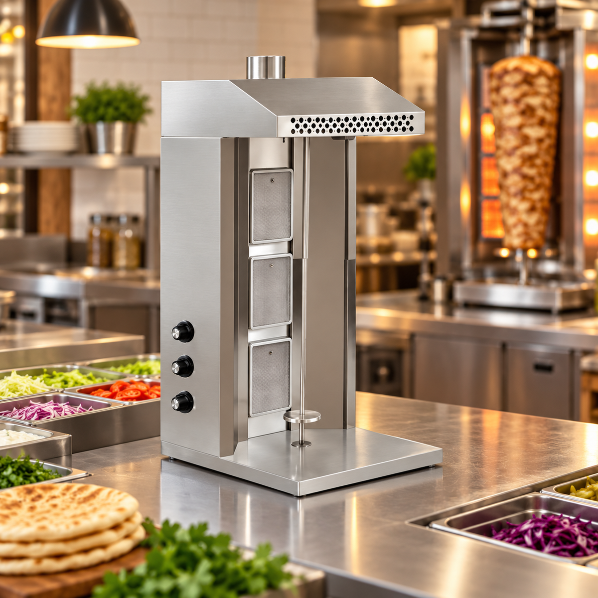 Commercial Tabletop Gas Shawarma Machine | 3 Burner Doner Kebab Grill | AISI 304 Stainless Steel | CE Certified | Made in UAE