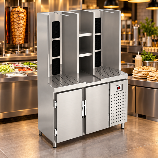 Commercial Double Gas Shawarma Machine with Under Chiller | 8 Burner Doner Kebab Grill | AISI 304 Stainless Steel | Made in UAE