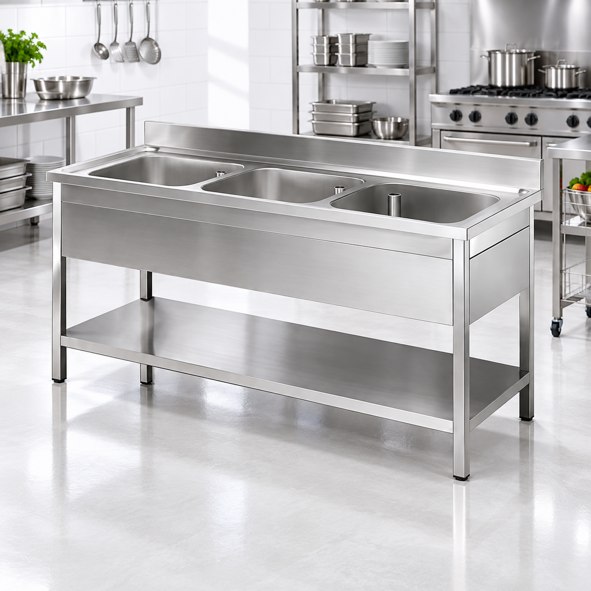 Commercial Triple Bowl Stainless Steel Sink with Undershelf | AISI 304 Kitchen Sink 1800×700×850mm | Made in UAE