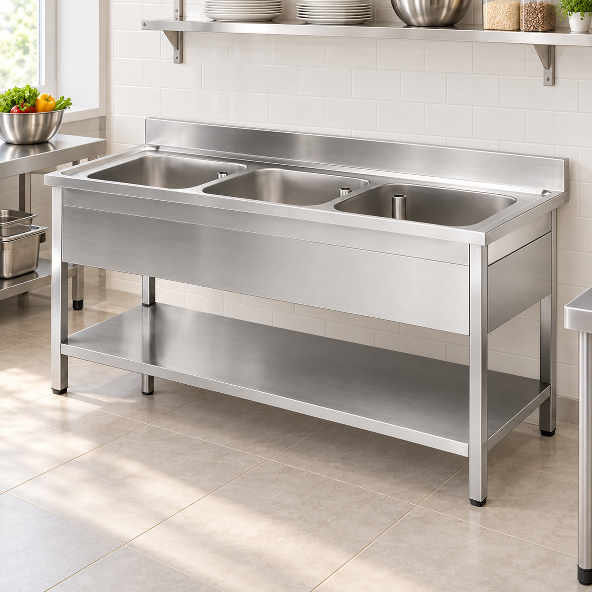 Commercial Triple Bowl Stainless Steel Sink with Undershelf | AISI 304 Kitchen Sink 1800×700×850mm | Made in UAE