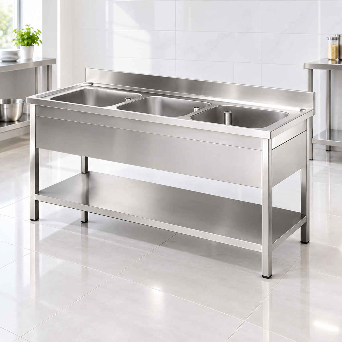 Commercial Triple Bowl Stainless Steel Sink with Undershelf | AISI 304 Kitchen Sink 1800×700×850mm | Made in UAE