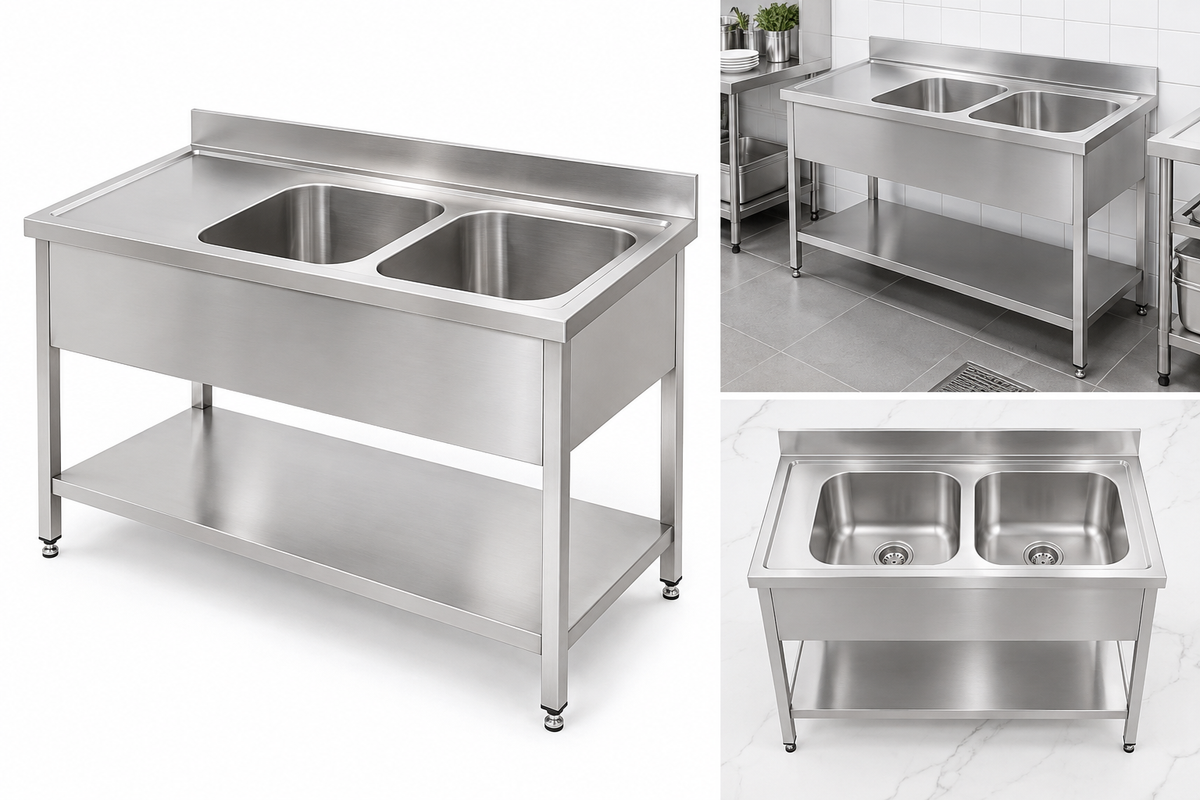 Commercial Double Bowl Stainless Steel Sink | AISI 304 Two Compartment Kitchen Sink 1600×700×850mm | Made in UAE