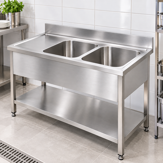 Commercial Double Bowl Stainless Steel Sink | AISI 304 Two Compartment Kitchen Sink 1600×700×850mm | Made in UAE