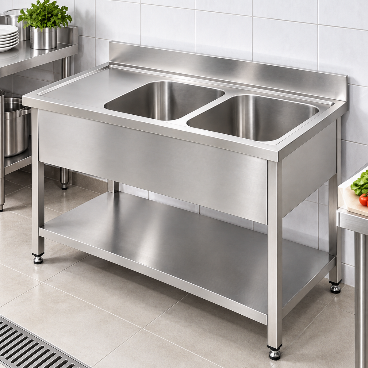 Commercial Double Bowl Stainless Steel Sink | AISI 304 Two Compartment Kitchen Sink 1600×700×850mm | Made in UAE