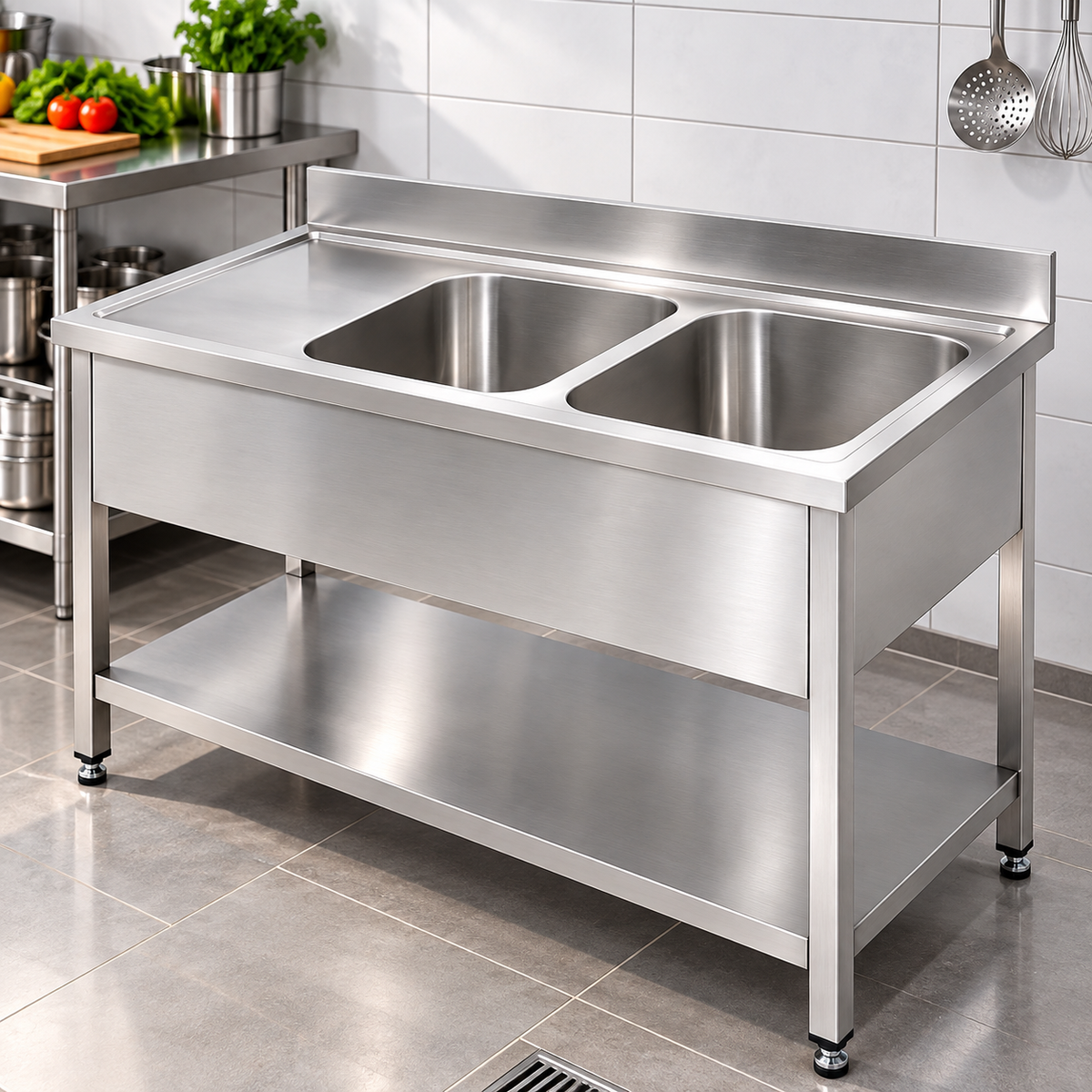 Commercial Double Bowl Stainless Steel Sink | AISI 304 Two Compartment Kitchen Sink 1600×700×850mm | Made in UAE