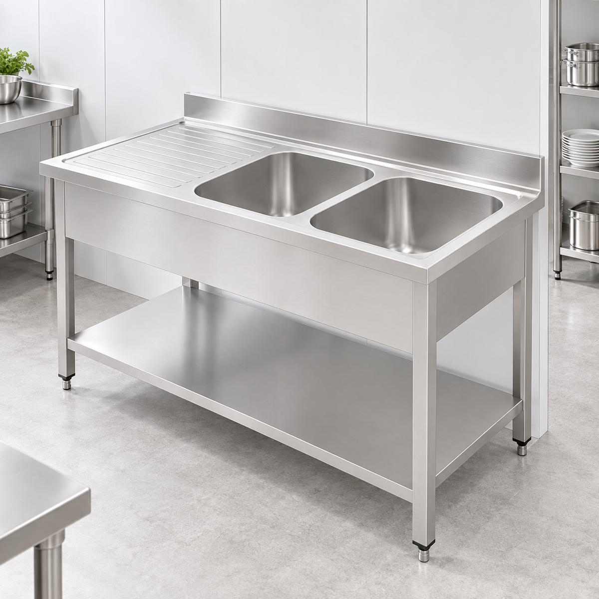 Commercial Double Bowl Sink with Left-Hand Drainer | AISI 304 Stainless Steel Kitchen Sink | Made in UAE