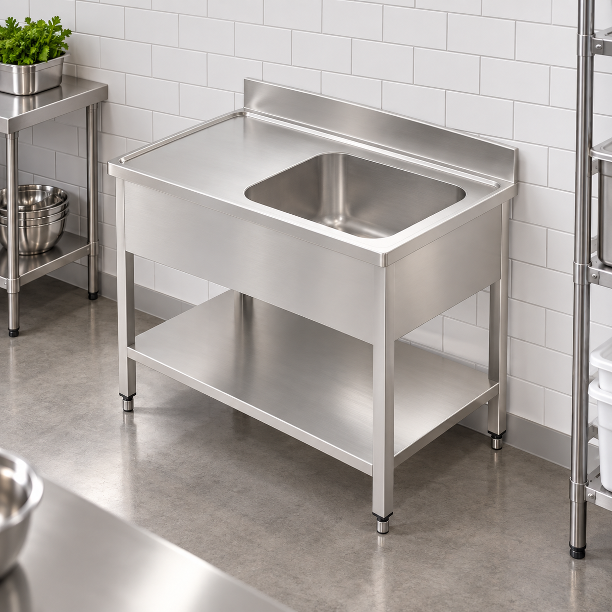 Commercial Single Bowl Sink with Right-Hand Drainer | AISI 304 Stainless Steel Kitchen Sink 1200×700×850mm | Made in UAE