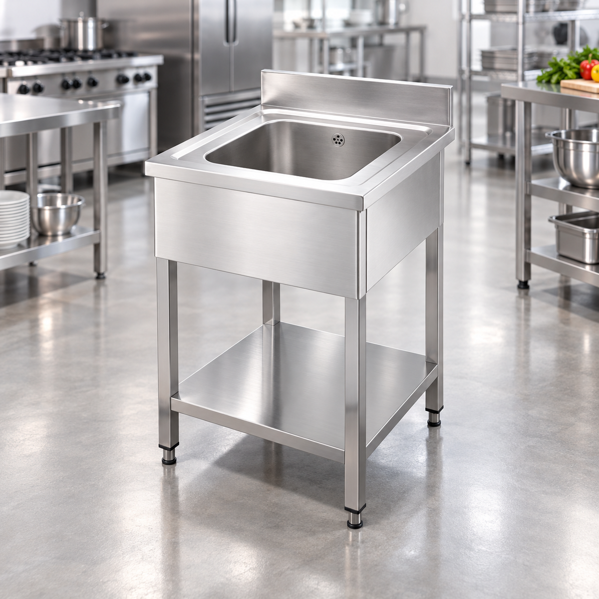 Commercial Single Bowl Stainless Steel Sink with Overflow Drain | AISI 304 Kitchen Sink 700×700×850mm | Made in UAE