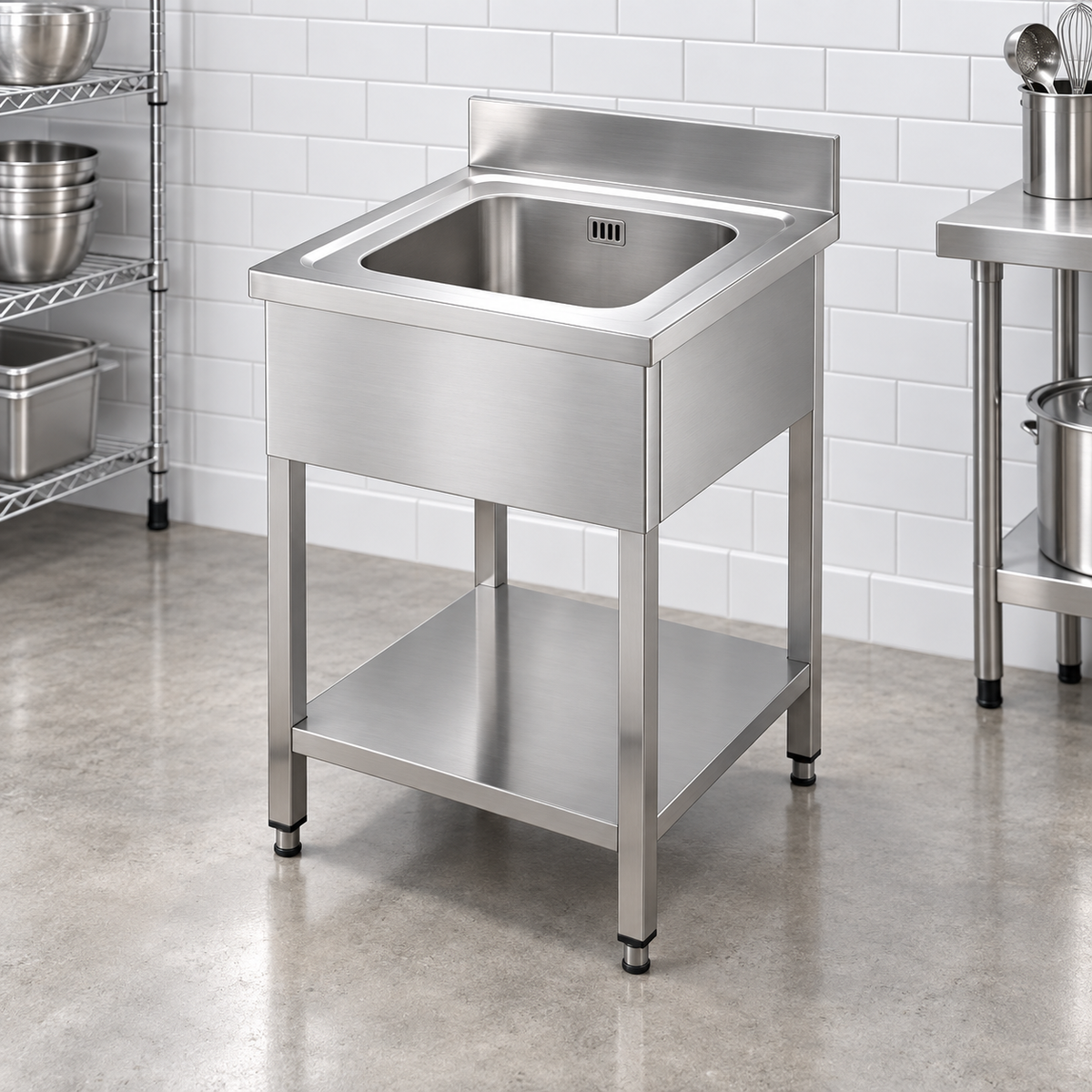 Commercial Single Bowl Stainless Steel Sink with Overflow Drain | AISI 304 Kitchen Sink 700×700×850mm | Made in UAE