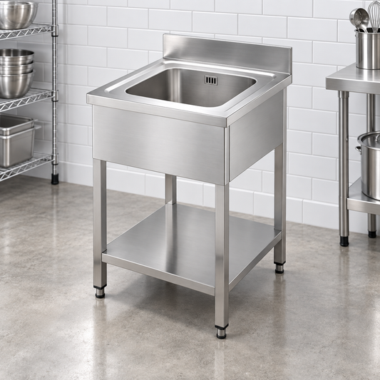 Commercial Single Bowl Stainless Steel Sink with Overflow Drain | AISI 304 Kitchen Sink 700×700×850mm | Made in UAE