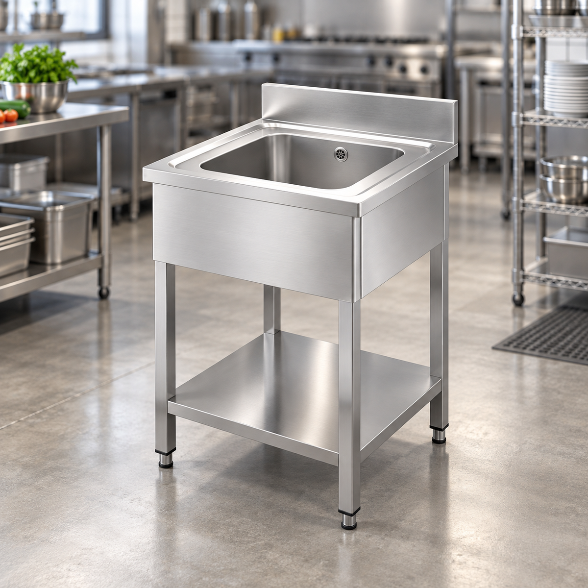 Commercial Single Bowl Stainless Steel Sink with Overflow Drain | AISI 304 Kitchen Sink 700×700×850mm | Made in UAE