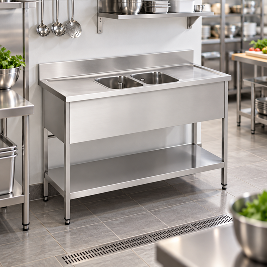 Commercial Double Bowl Sink with Double Drainers | AISI 304 Stainless Steel Sink with Undershelf 2000×700×850mm | Made in UAE