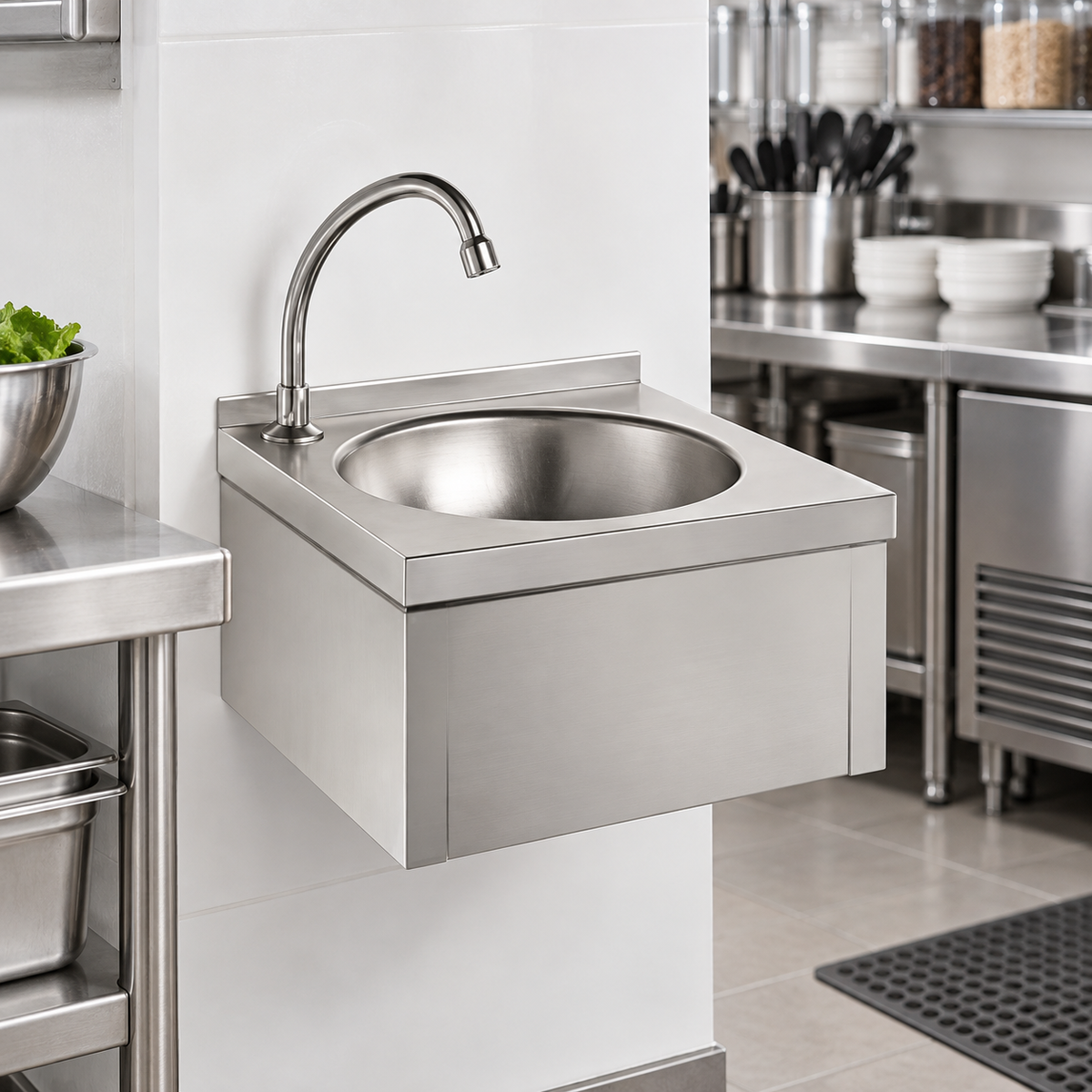 Wall Mounted Knee Operated Hand Wash Sink with Mixer Tap | AISI 304 Stainless Steel 400×400mm | Made in Malaysia