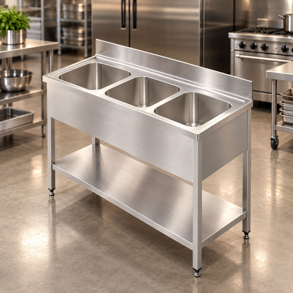 Commercial Triple Bowl Stainless Steel Sink with Undershelf | AISI 304 Kitchen Sink 1600×700×850mm | Made in UAE