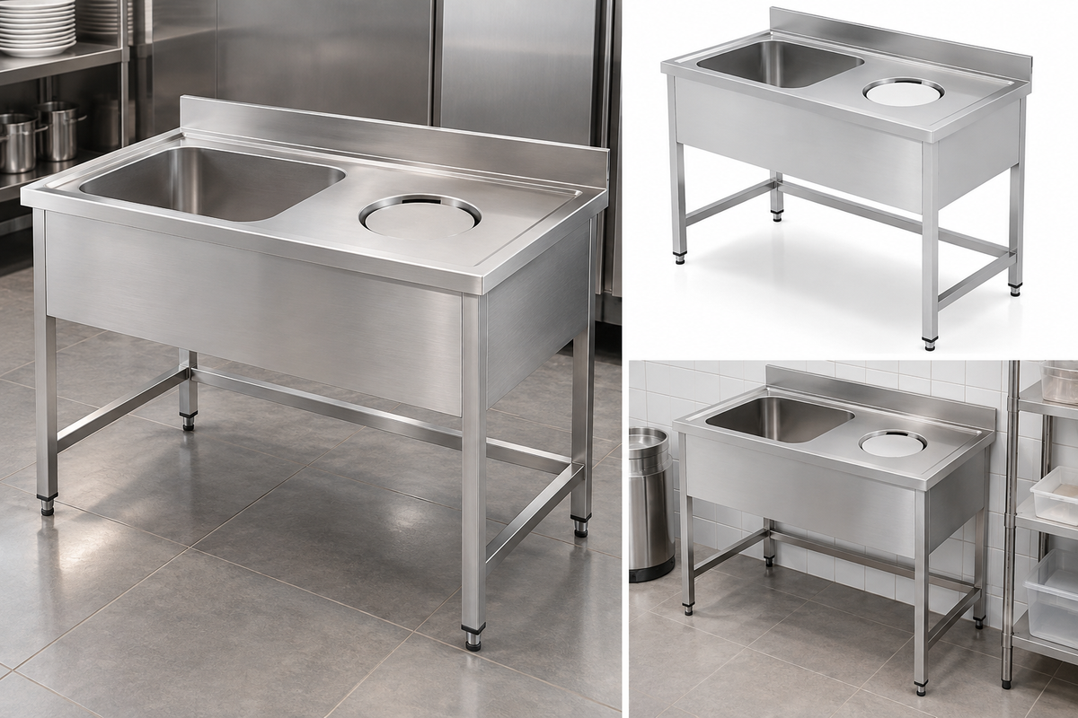 Commercial Stainless Steel Sink Work Table with Scrapping Hole | AISI 304 Single Bowl Sink 1000×700×850mm | Made in UAE