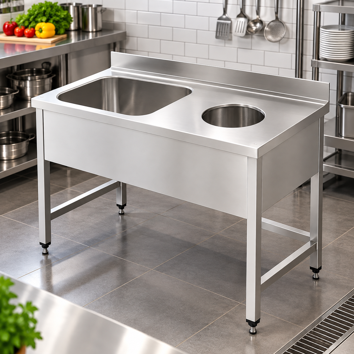 Commercial Stainless Steel Sink Work Table with Scrapping Hole | AISI 304 Single Bowl Sink 1000×700×850mm | Made in UAE