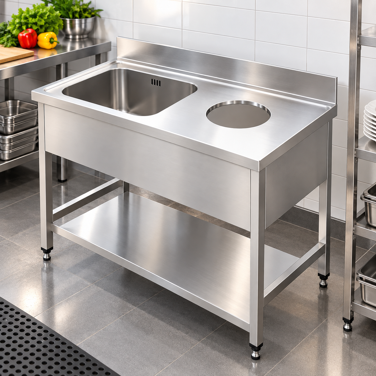 Commercial Stainless Steel Sink Work Table with Scrapping Hole | AISI 304 Single Bowl Sink 1000×700×850mm | Made in UAE