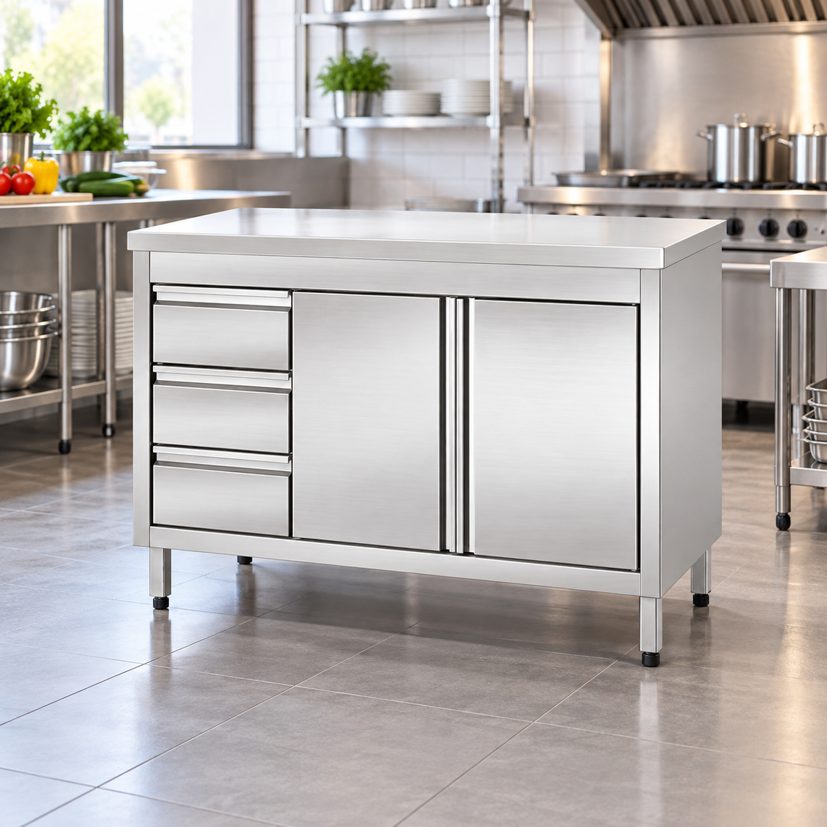 Commercial Base Cabinet with 3 Vertical Drawers & Hinged Doors | AISI 304 Stainless Steel | 1000×700×850 mm | Made in UAE