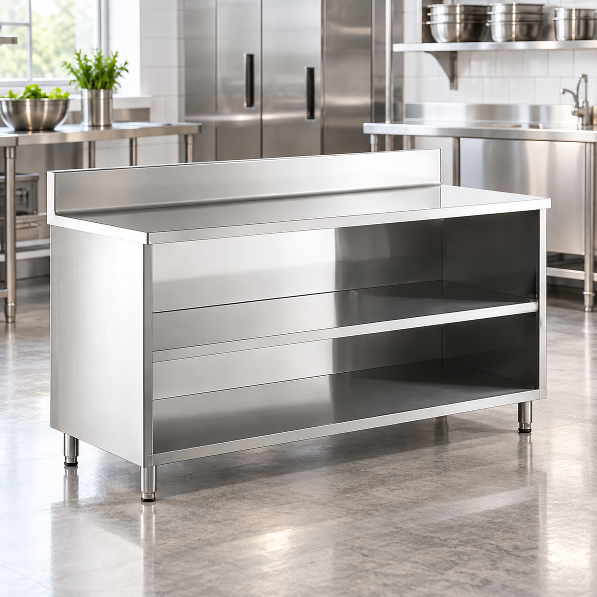 Commercial Open Base Cabinet with 2 Shelves | AISI 304 Stainless Steel | 1000×700×850 mm | Made in UAE