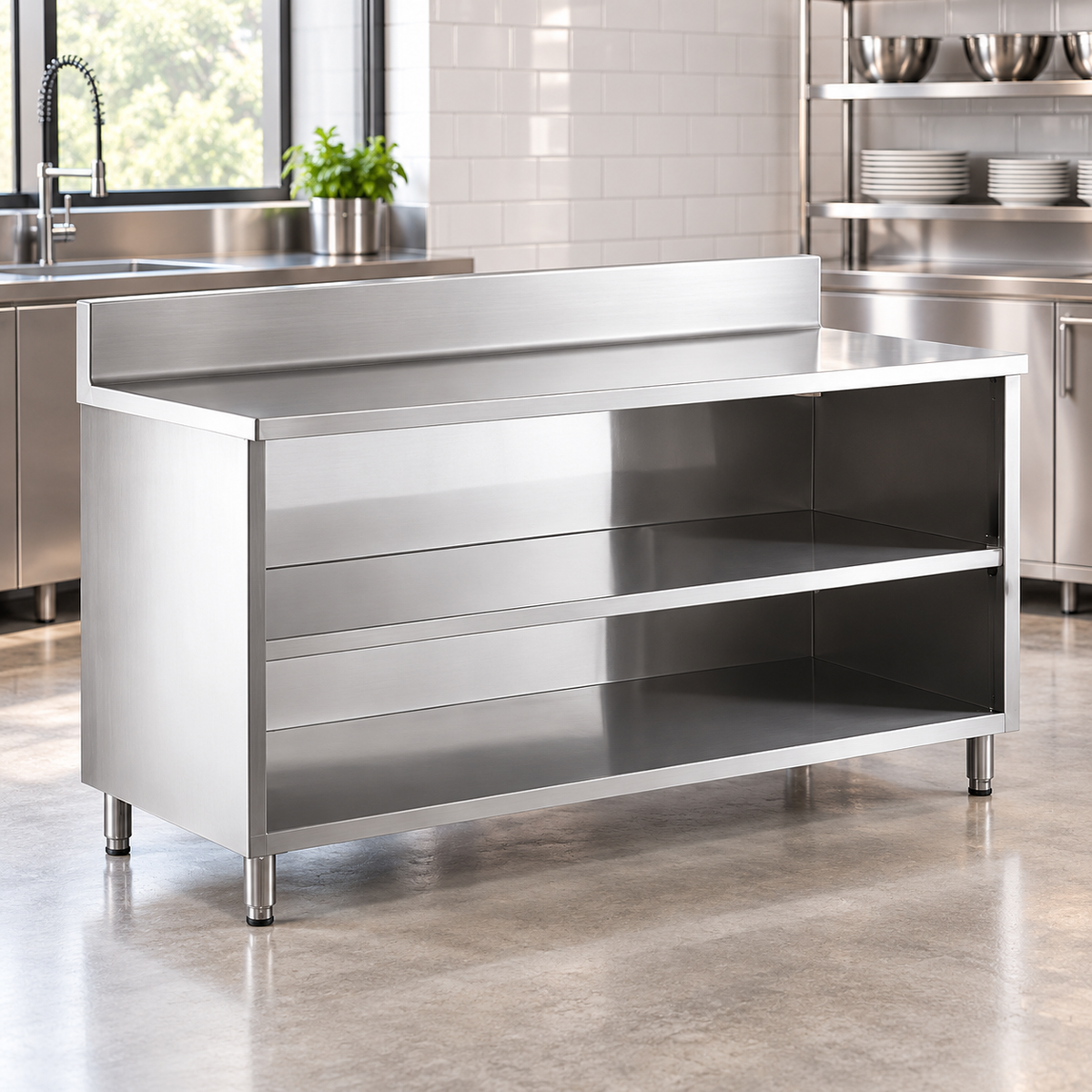 Commercial Open Base Cabinet with 2 Shelves | AISI 304 Stainless Steel | 1000×700×850 mm | Made in UAE