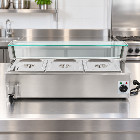Electric Bain Marie with Glass Counter 3 × 1/2 GN | 1.5KW Stainless Steel Buffet Food Warmer | GN HBM-22