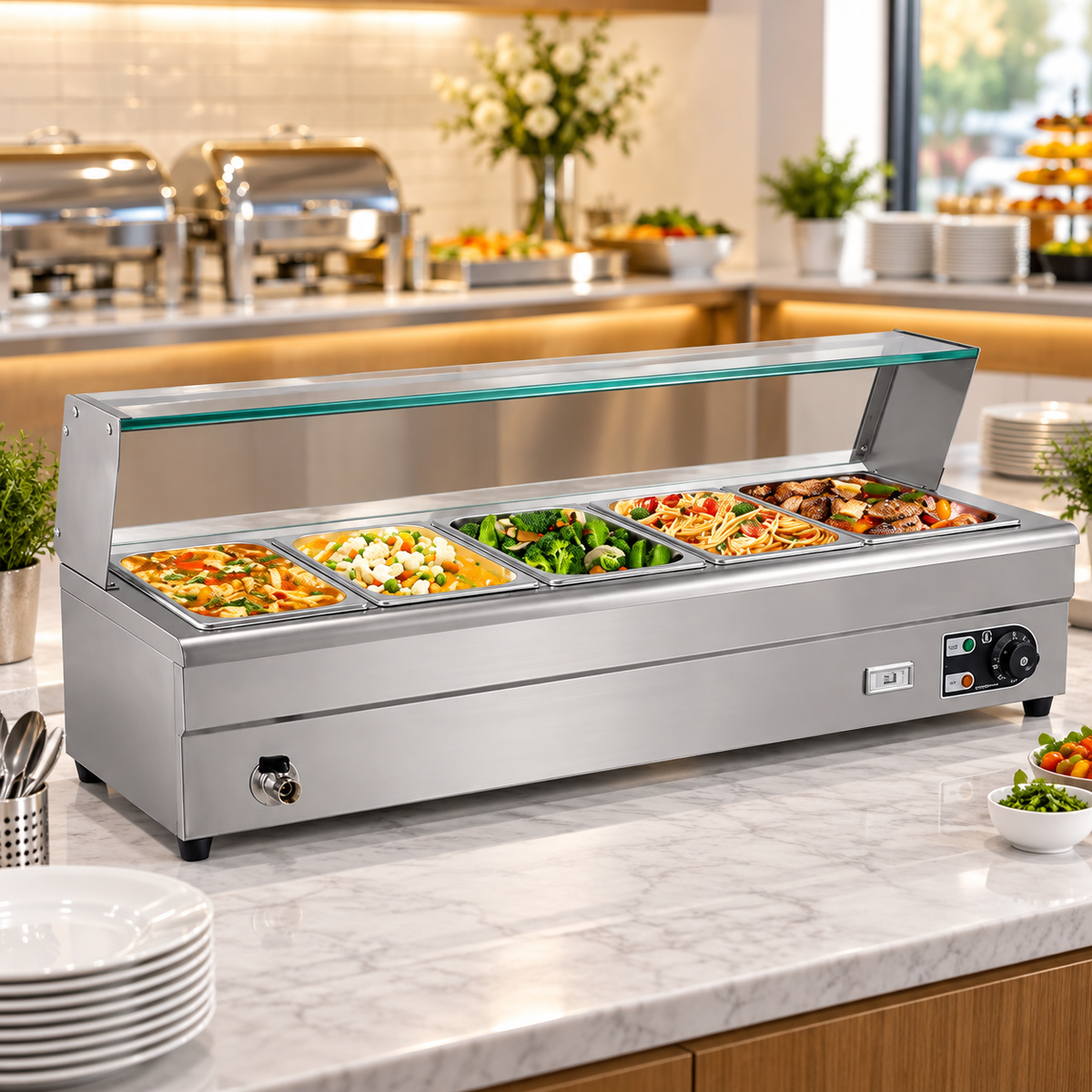 HBM-25 Electric Bain Marie with Glass Counter | 5 × 1/2 GN | 1.8KW Stainless Steel Buffet Food Warmer