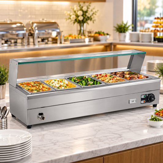 HBM-25 Electric Bain Marie with Glass Counter | 5 × 1/2 GN | 1.8KW Stainless Steel Buffet Food Warmer