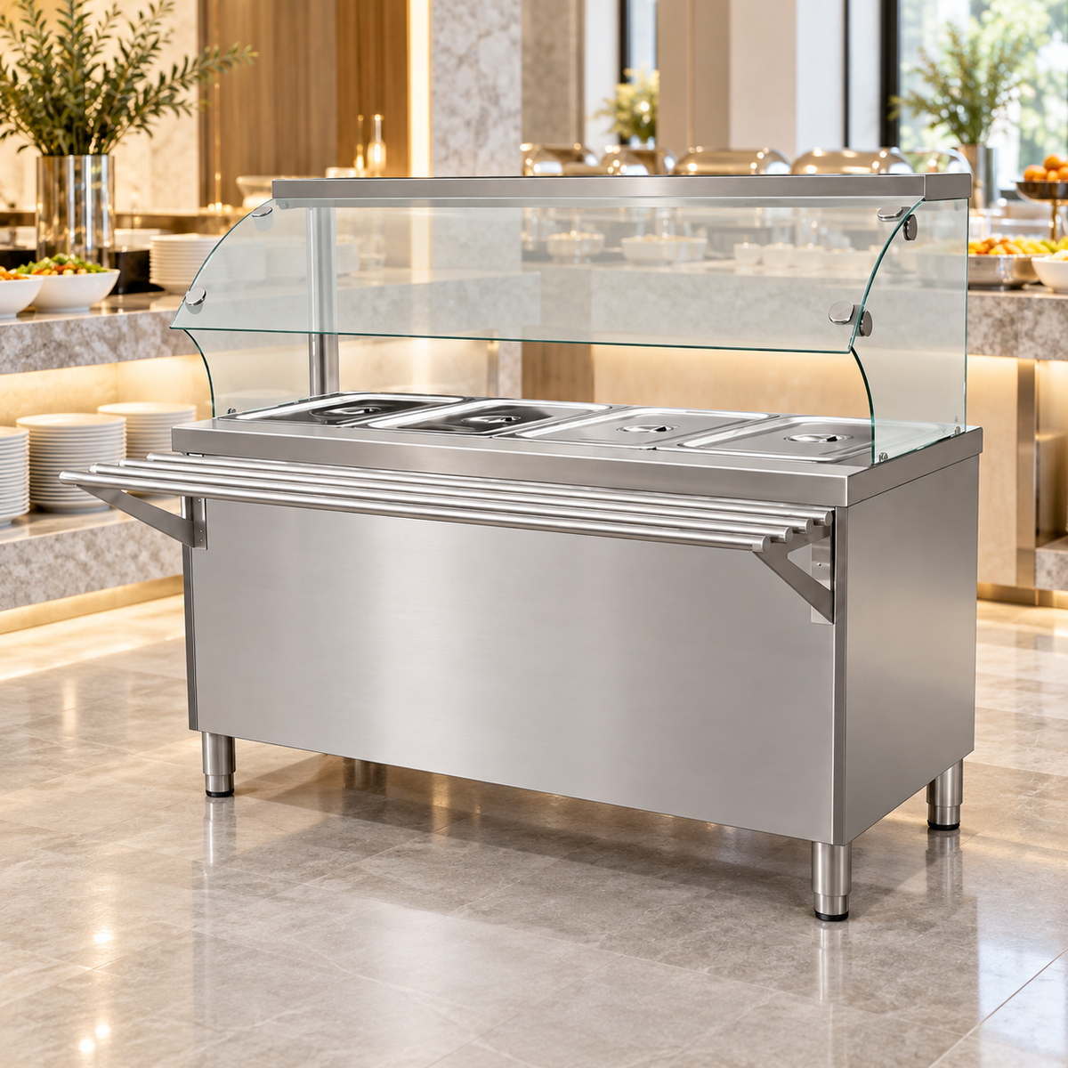 Commercial Bain Marie 4 × 1/1 GN with Open Cabinet & Sneeze Guard | 1.5KW Stainless Steel Food Warmer | Made in UAE