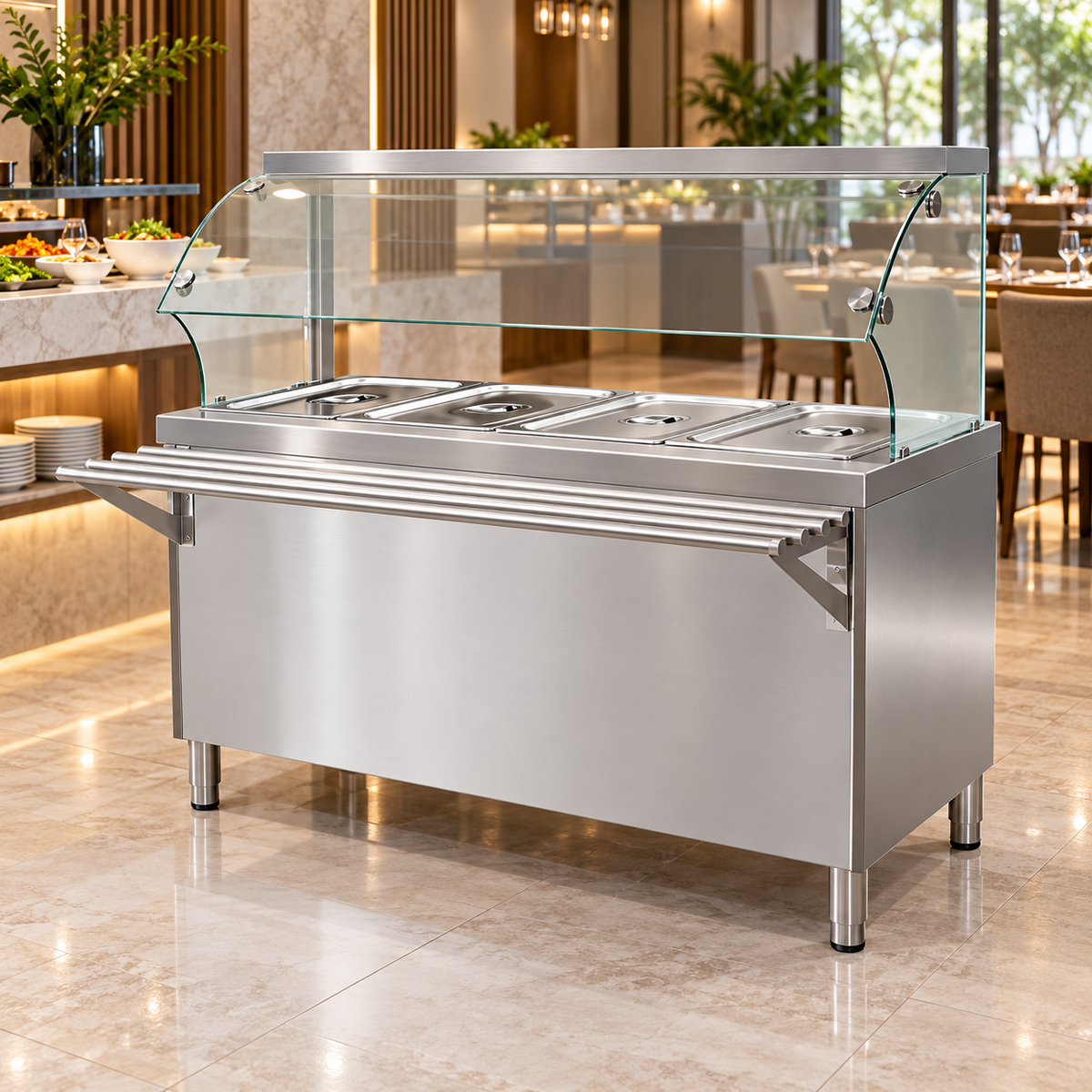 Commercial Bain Marie 4 × 1/1 GN with Open Cabinet & Sneeze Guard | 1.5KW Stainless Steel Food Warmer | Made in UAE