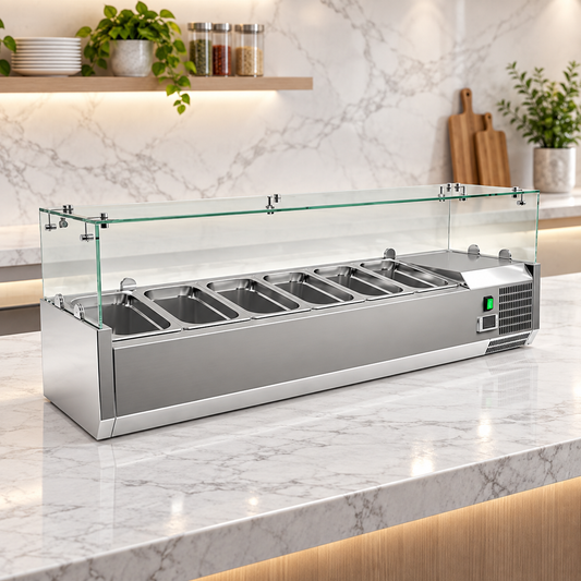 Dinox VRX1400/330FG Refrigerated Salad Bar 6 × GN 1/4 – Glass Top Prep Counter, +2°C to +8°C | Italian Technology