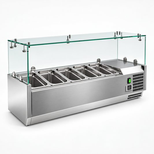 Dinox VRX1200 Refrigerated Salad Bar – 5 × GN 1/3 Glass Top Countertop Prep Station, +2°C to +8°C | Italian Technology